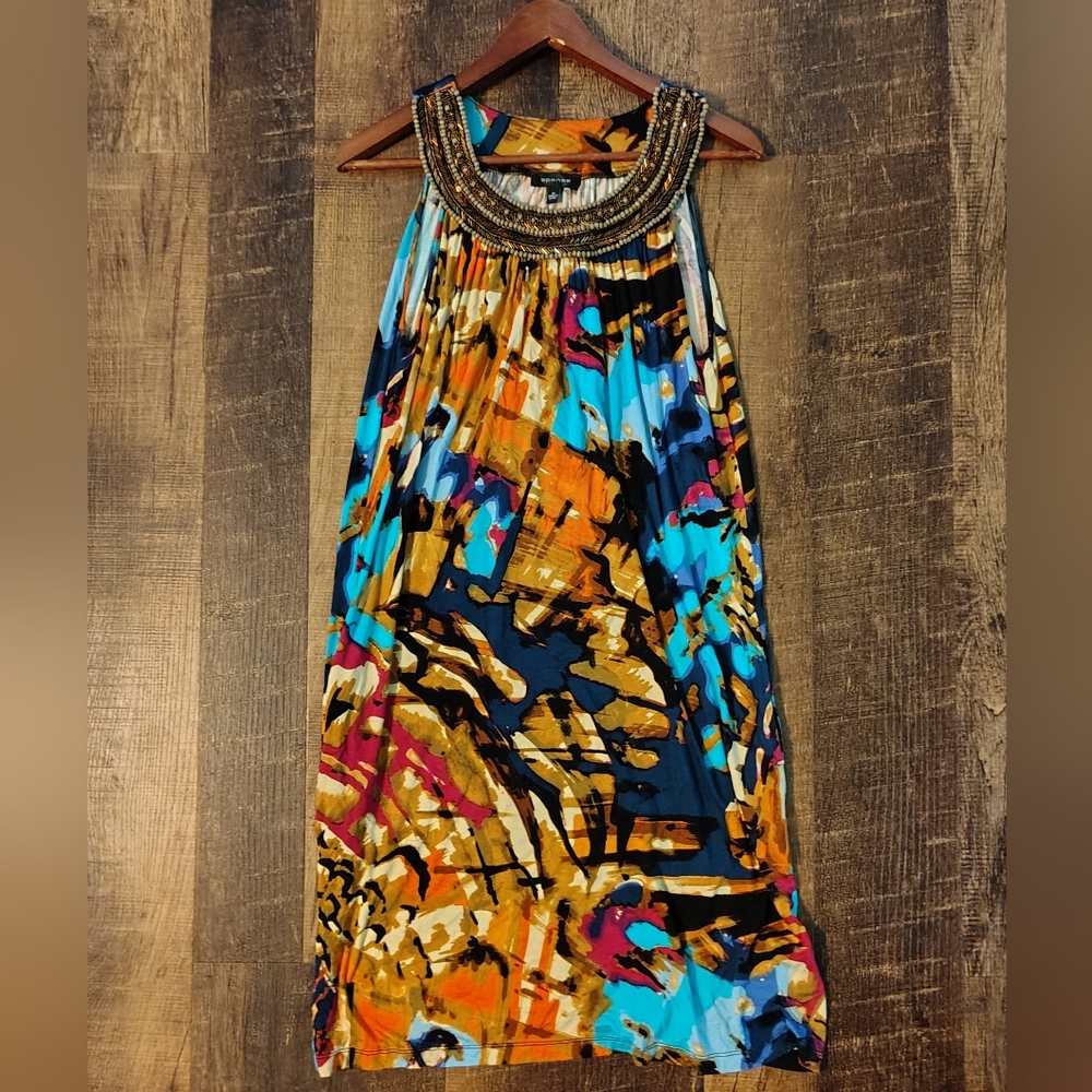 Spense women's midi dress medium embellished beaded neckline vibrant abstract